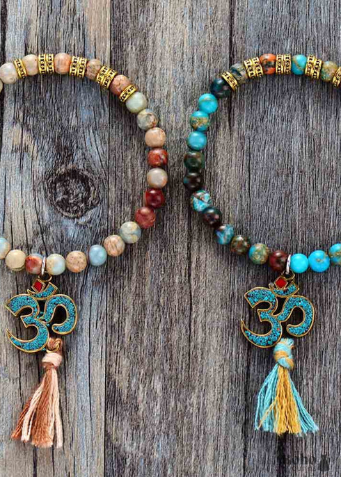 Boho Bracelet, Stretch Yoga Mala Bracelet, Natural Stone Tibetan OM 6 Colors